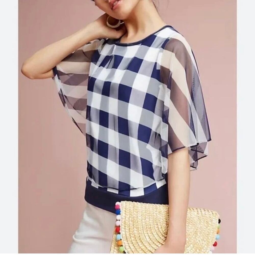 Anthropologie Postmark Elsie Gingham Sheer Dolman Blouse Size Medium